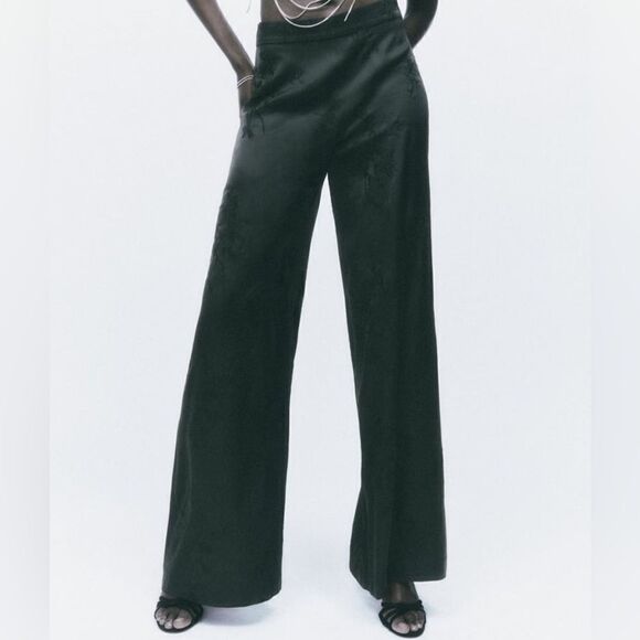 Zara Satin Wide Embroidered Pants New - Picture 6 of 9